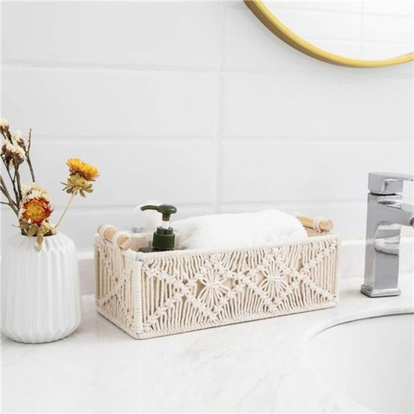 2 pcs Macrame Storage Baskets Boho Decor Box Woven Decorative Countertop Toilet - Picture 5 of 6